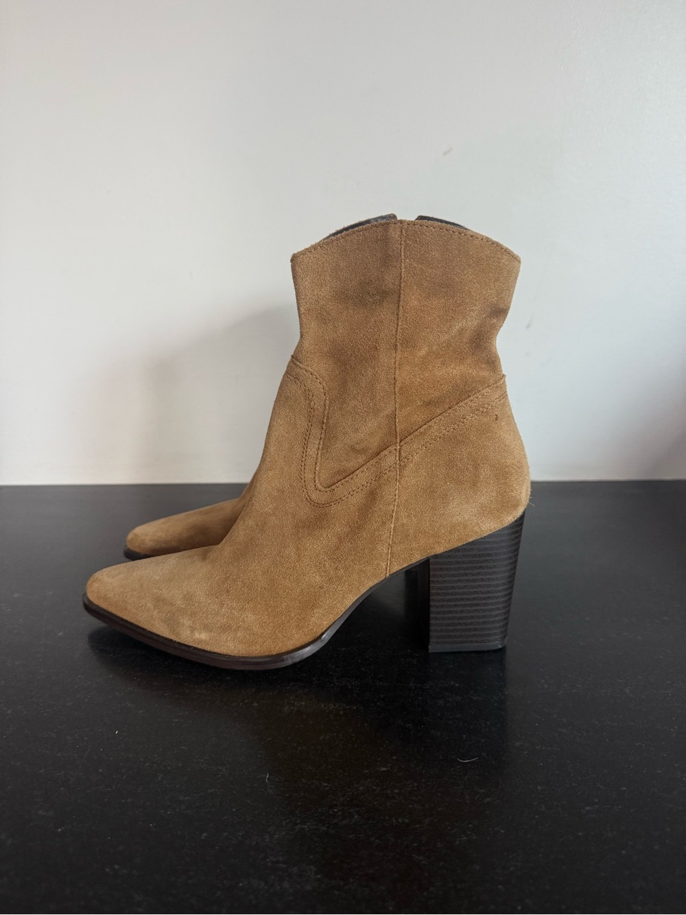 MANGO Brown Suede Leather Western Ankle Boots US 9.5 Euro 41 Cowboy Block Heel